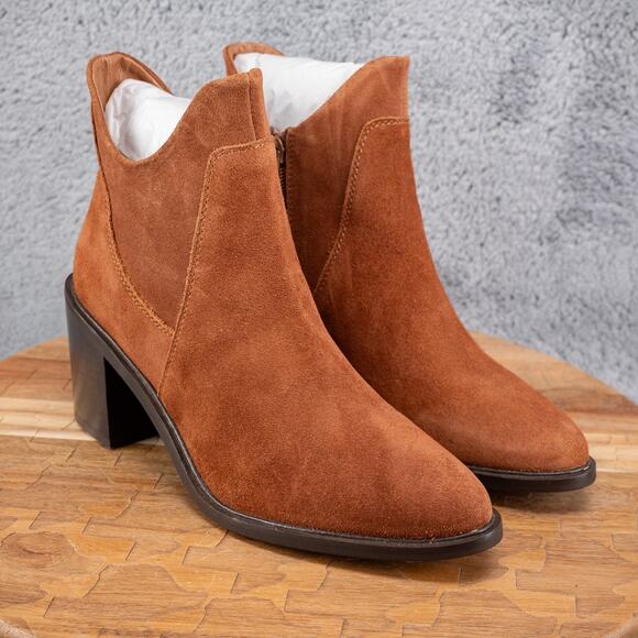 Seychelles Pretty Little Bird Heeled Suede Bootie Women's Size 6 in Cognac - Picture 1 of 6